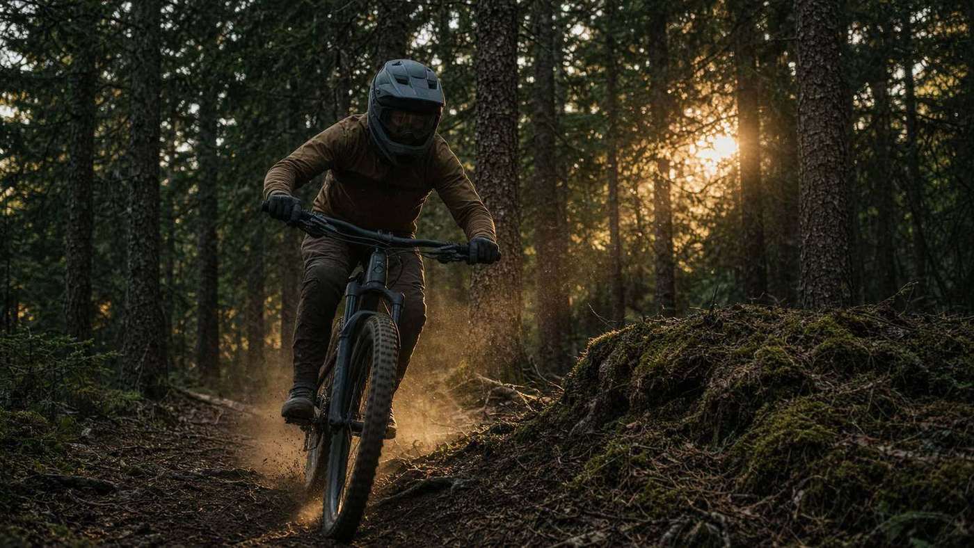 Mountainbiker auf einem wurzeligen Singletrail im Nadelwald