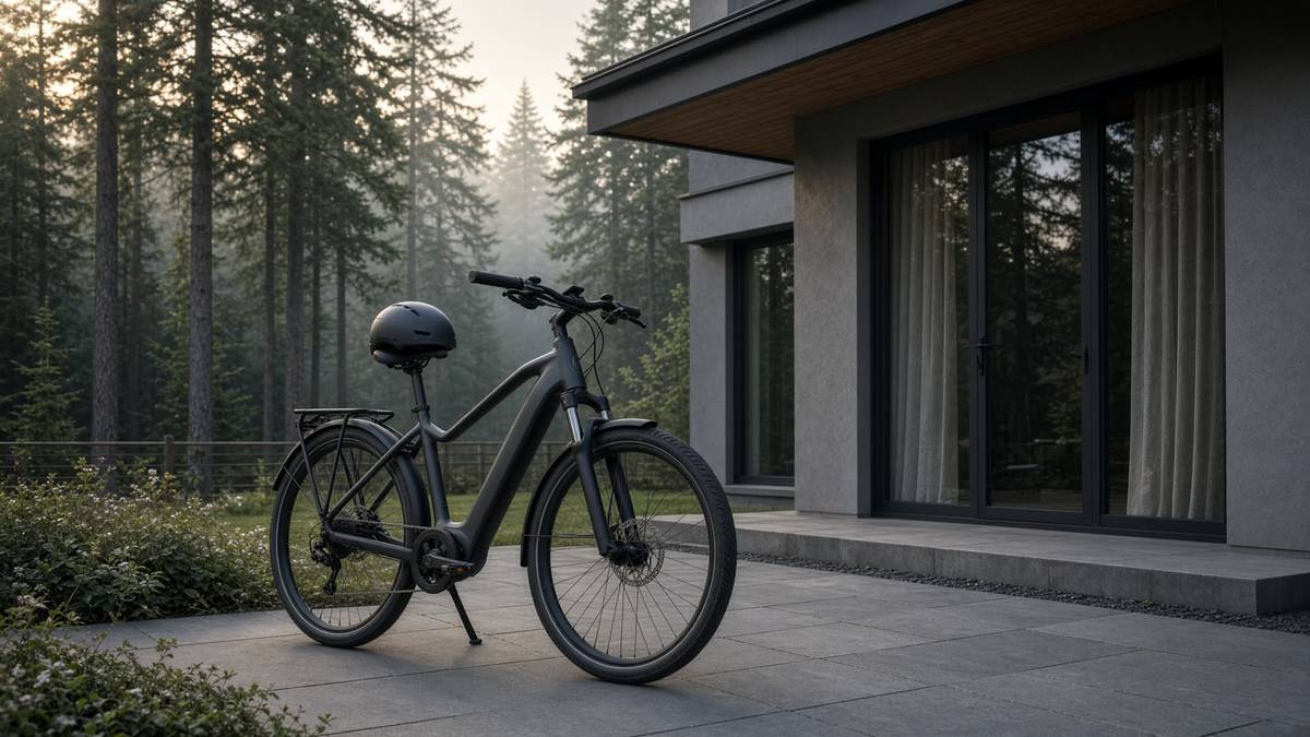 Geleastes E-Bike vor einem Haus am Waldrand